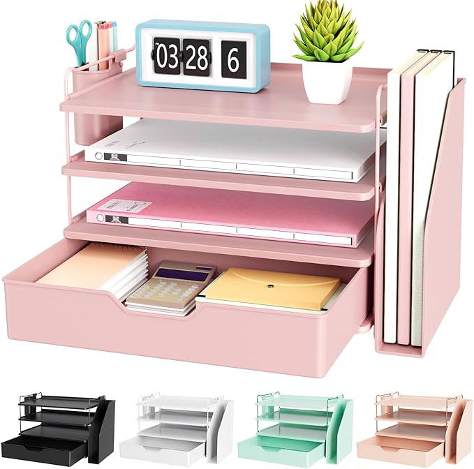 Kitsure Desk Organizer - 4-Tier Office Desk Accessories with Drawer ＆ Pen Holder, Tool-Free Assembly Organizer with Non-Slip Pads, for Office Supplies Storage, Plastic, 13.3" x 8.0" x 10.8", Pink