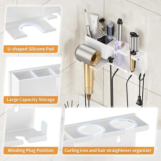 Hair Dryer Holder, Hair Tool Organizer, Blow Dryer Hanger Wall Mount for Dryer Hook, Bathroom Space-Saving Blow Dryer Organizer, Curling Irons Storage Wall Mounted White