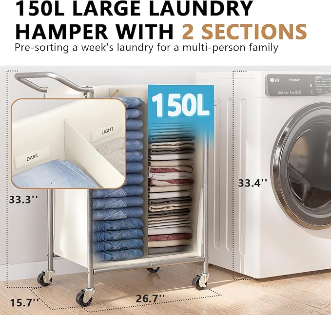 150L Laundry Hamper with Wheels, Rolling Laundry Basket 2 section with Metal Frame and Removable Bag, Dirty Clothes Hampers for Bedroom, Bathroom, Dorm, Black, Silver Beige