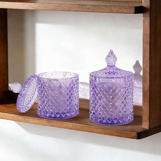 2 Pack Qtip Holder Thick Glass Apothecary Jars with Lid for Bathroom Decor Storage Organizer for Cotton Swabs, Balls, Pads, Floss Picks, Candy, Jewelry, Purple
