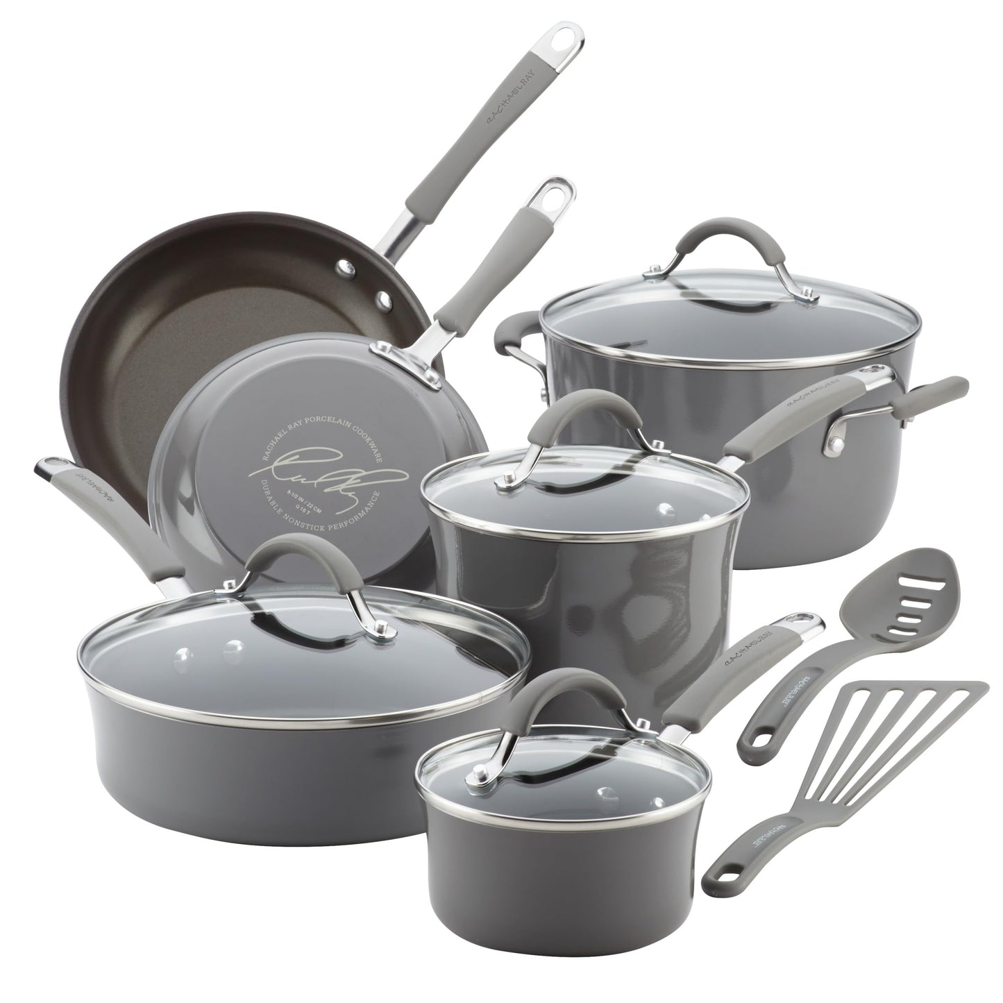 Rachael Ray Cucina Nonstick Cookware, Pumpkin Orange Pots and Pans Set, 12-Piece