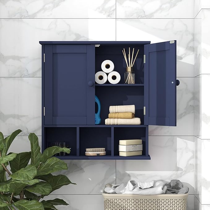 TaoHFE Blue Bathroom Over The Toilet Storage Cabinet,Wall Medicine Cabinet Organizer with 2 Door Adjustable Shelves,Wooden Modern Bathroom Shelves Wall Mounted Laundry Room