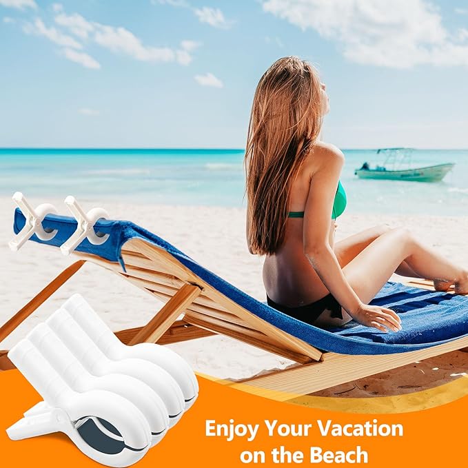 16 Pcs Beach Towel Clips for Beach Chairs, Towel Holder for Beach Chair Pool Chair on Cruise, Jumbo Size Heavy Duty Clothes Pins, Beach Chair Clips to Keep Your Towel from Blowing Away (White)