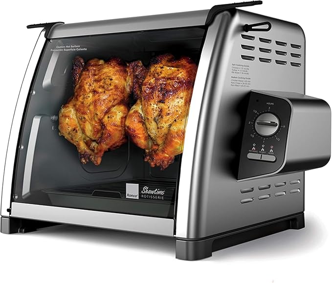 Ronco Showtime Large Capacity Rotisserie & BBQ Oven, Simple Switch Controls, Silicone Door Tie, Perfect Preset Rotation Speed, Self-Basting, Auto Shutoff, Includes Multipurpose Basket, black