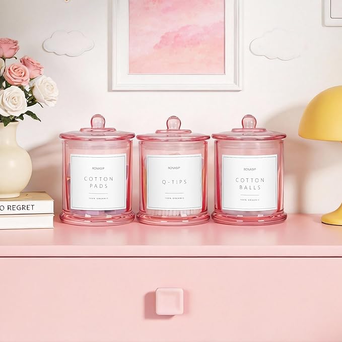 3 Pack Qtip Holder Dispenser, 16oz Bathroom Organizer and Storage Canisters, glass vanity organizer with lid - Home Decor, Room Decor Aesthetic (Pink)