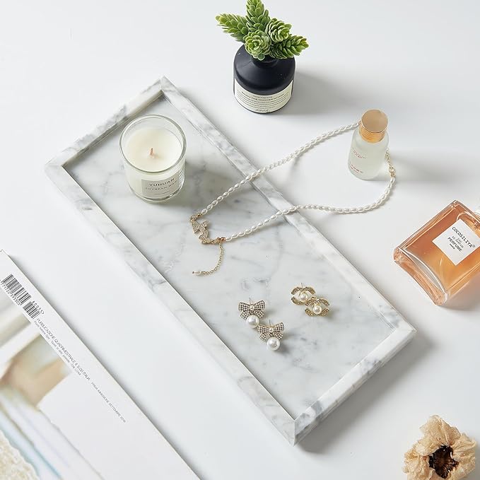 Luxury Natural Small Marble Tray for Bathroom Vanity and Kitchen Sink, Stone Countertop Organizer for Soap Dispenser, Jewelry, Perfume, Candle, Ring, Home Decor, Non-Resin Non-Ceramic