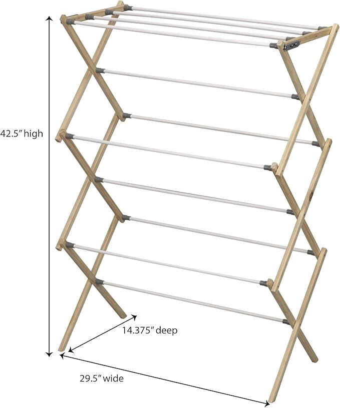 Household Essentials X-Frame Clothes Drying Rack, Stabile Wood Frame with Slanted Feet, Smooth Vinyl Wrapped Rods, 23.8 Feet of Hanging Space, Ready to Assemble, Flat Top, Natural