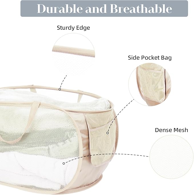 Durable Collapsible Laundry Baskets, Mesh Pop Up Laundry Hamper with Side Pocket, Foldable Clothes Hamper with Reinforced Carry Handles for Laundry, Bathroom, Kids Room, Dorm or Travel 2 Pack Beige