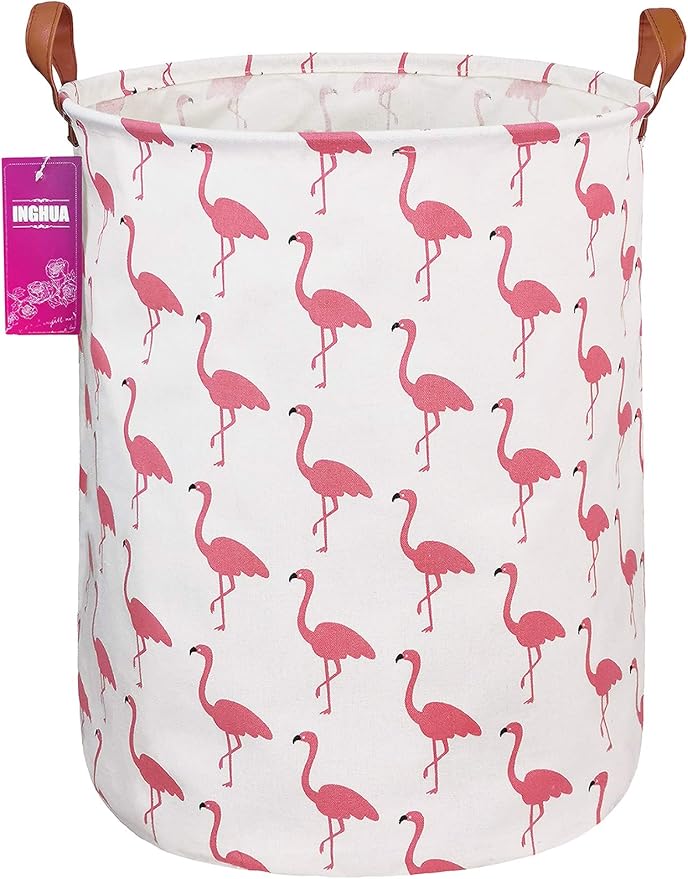 Laundry Hamper Large Canvas Fabric Lightweight Storage Basket/Toy Organizer/Dirty Clothes Collapsible Waterproof for College Dorms, Boys and Girls Bedroom,Bathroom(Flamingos)