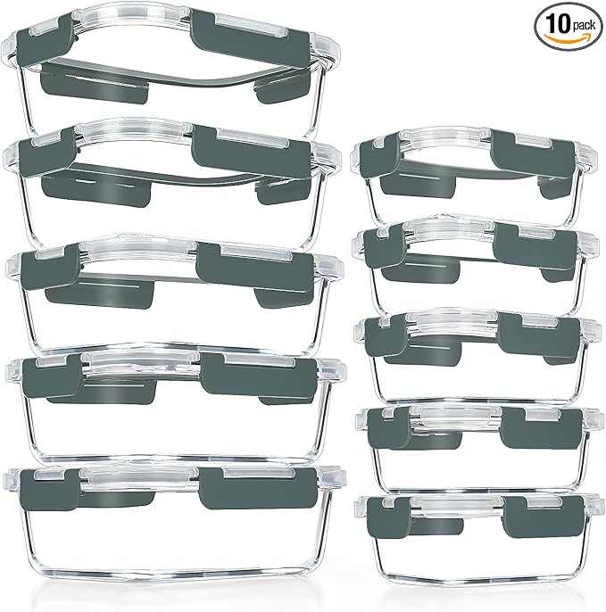 VERONES 10 PACK Glass Meal Prep Containers Set with Lids, Red