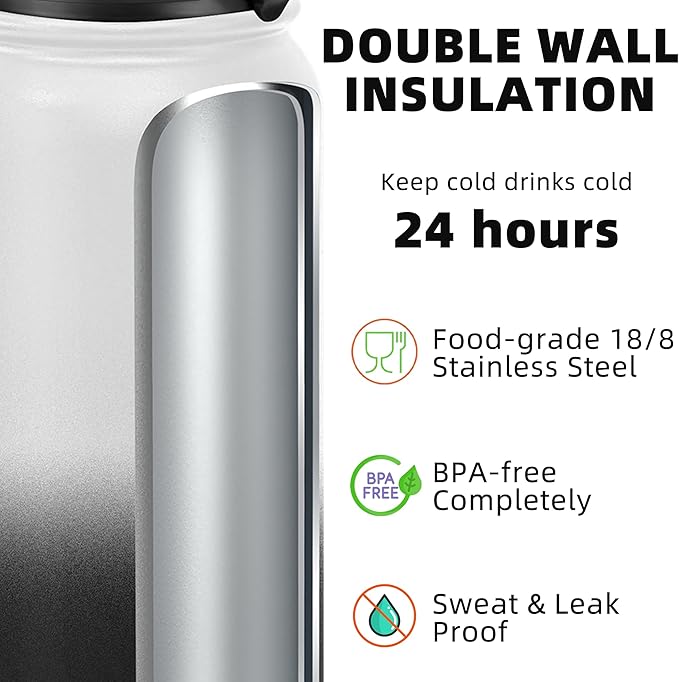 Fanhaw 24 oz Insulated Stainless Steel Water Bottle with Anti-Dust Chug Lid, Leakproof Vacuum Metal Bottle for Kids, Women & Men (White Black)
