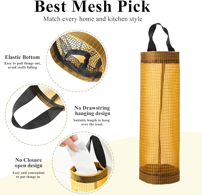 TOGETRUE Plastic Bag Holder, Mesh Grocery Bag Holder Hanging Storage Bag Dispenser (Yellow 2 Packs)