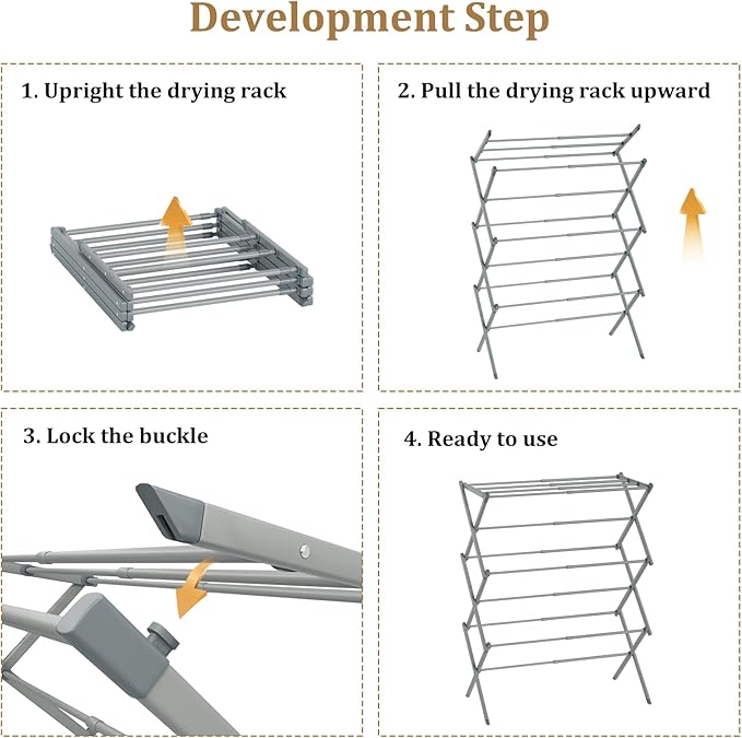 Foldable Drying Rack Clothing, 3-Tier Portable Clothes Drying Racks for Indoor & Outdoor, Anti-Rust Compact Laundry Rack Collapsible, Grey 28" D x 10" W x 35" H