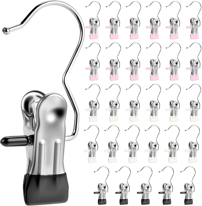 Senbowe 30 Pack Heavy Duty Clothes Pins, Boot Hangers for Closet, Laundry Hook Hanging Clips Clamps for Closet Organizer Pants Hats Socks Towels Clips, Clothespins Hanger for Travel Handbag Legging