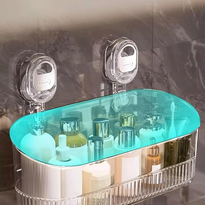 No-Drill Bathroom Suction Storage Box,Corrugated Suction Cup Storage Holder,Powerful Suction Storage Box,Removable Hanging Storage Basket, No Drilling Shelves Caddy, Ripple Acrylic Wall Shelf (Clear)
