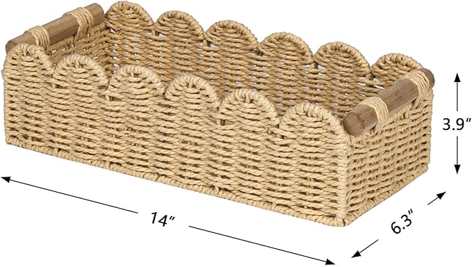 CubesLand Bathroom Basket Organizer, Toilet Tank Paper Storage Baskets 2-Pack, Scalloped Decorative Basket for Countertop w/Handle, Wicker Basket for Bathroom Decor, Home Decor, Living Room, Beige