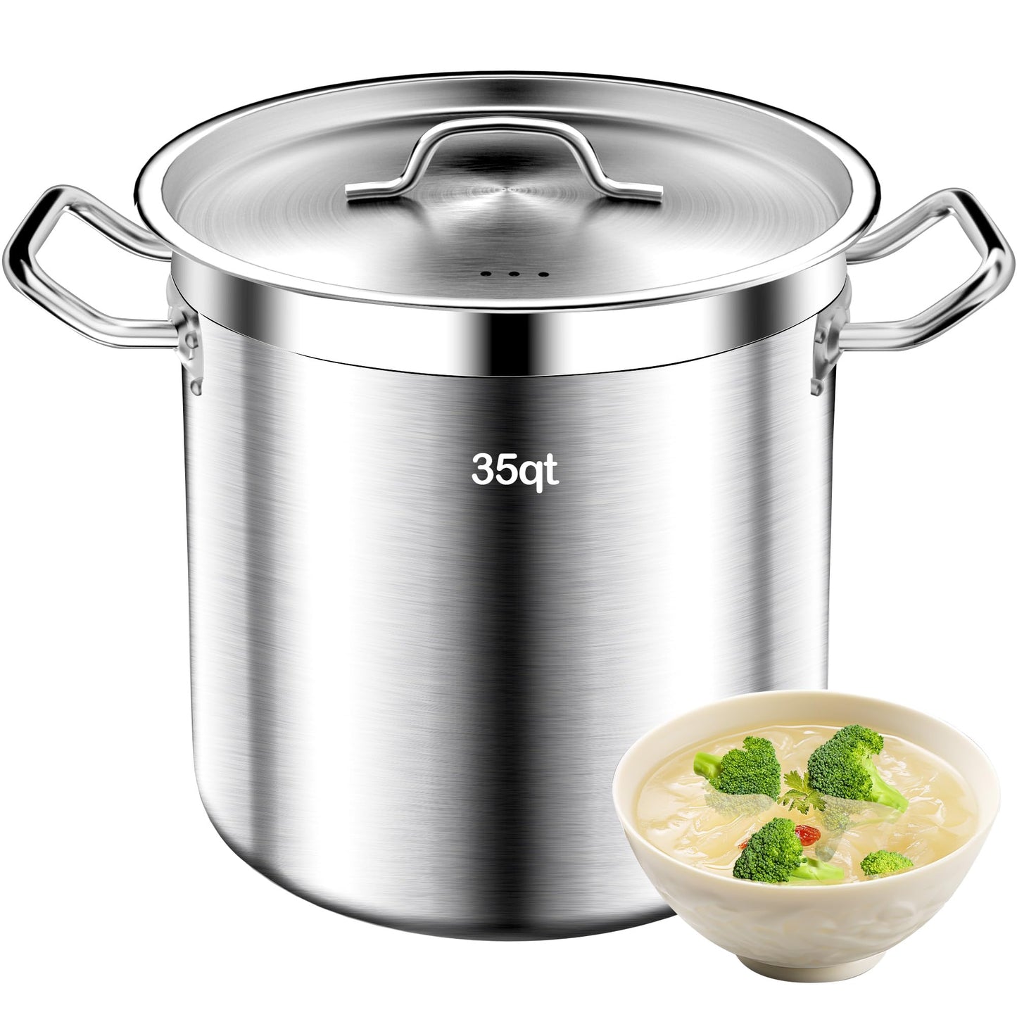 Large Stock Pot - 35QT Stainless Steel Stockpot with Lid, Heavy Duty Tri-Ply Bottom Commercial Grade Stock Pot - Big Pots for Cooking Soup Stew Canning Cooking Pots Even Heat Distribution
