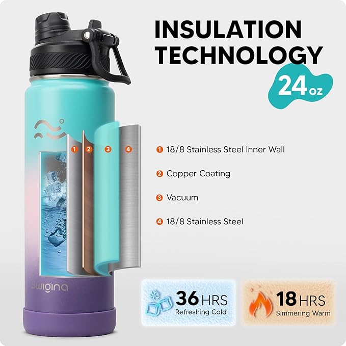 [2-IN-1 LID] Insulated Water Bottle with Silicone Boot (36hrs Cold/18hrs Hot) - DIY Stickers, Leakproof, BPA Free, 24 oz