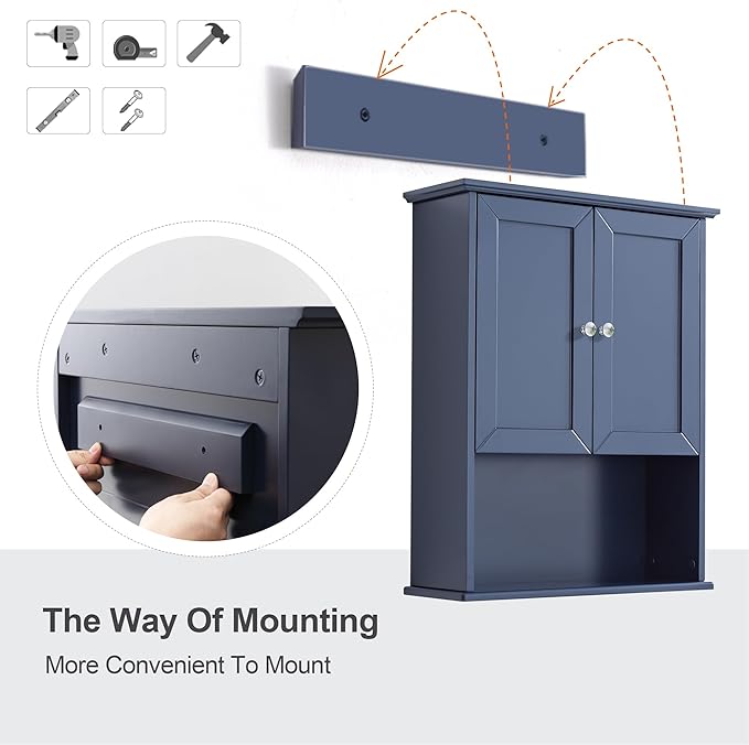 Bathroom Wall Cabinet Navy Blue Over Toilet Storage Cabinets 24x30 in Above Toilet Wood Medicine Cabinets Wall Mounted Bathroom Cabinet with 2 Door & Adjustable Shelf