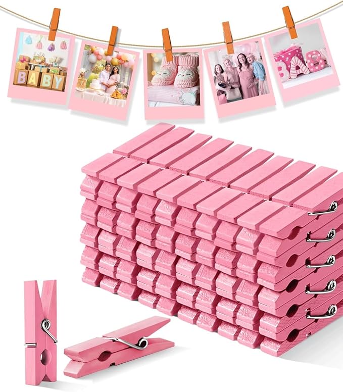 Pink Clothes Pins for Baby Shower, Mini Wooden Clothespins 1.4 Inch 50 PCS, Colored Tiny Clips Close Pin for Classroom Crafts Project Decorations Hanging Artwork Display Pegs