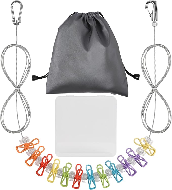 Travel Clothesline Length 9.8Ft with 12 Clothespins, Wire Rope Adjustable Length, Indoor Clothesline, Outdoor Camping Accessories