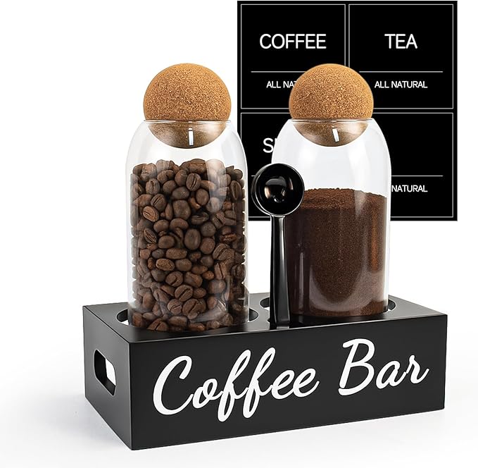 TRIFOLIC Coffee Container Set of 2 – 34oz Airtight Glass Coffee Bean Storage Jars with Wooden Lids, Metal Scoop & Wooden Base, Coffee Bar Organizer for Countertop, Tea & Sugar Canisters with Labels