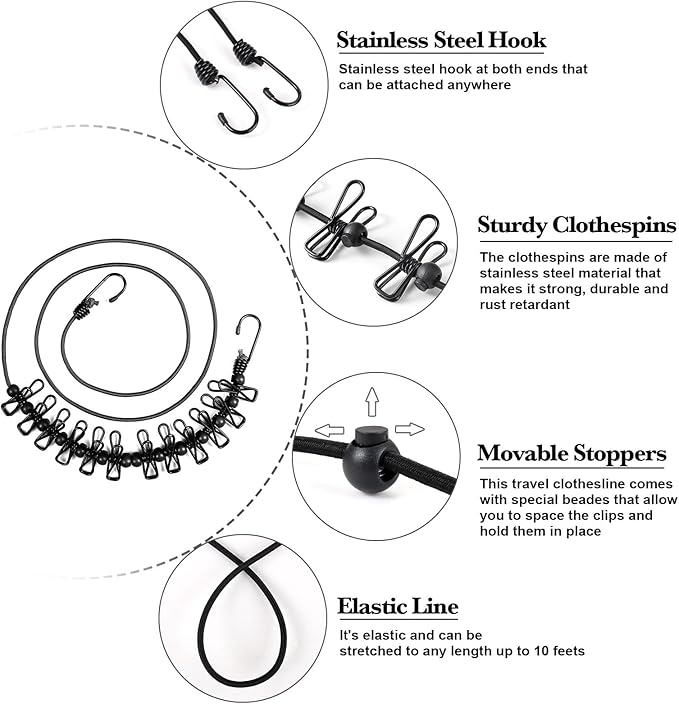 HAWATOUR Clothesline Camping Essentials, Portable Retractable Clothesline with 12pcs Clothespins Outdoor Camping Accessories Travel and RV Essentials, Black