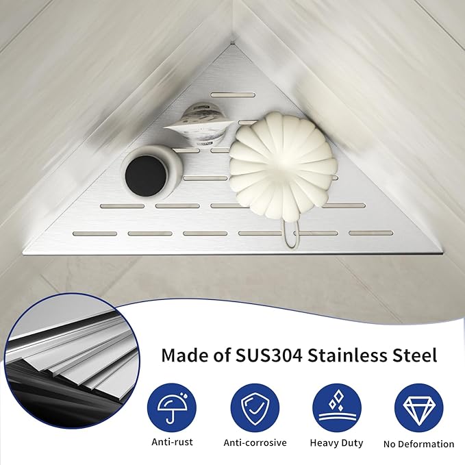 Corner Shower Shelf, 12" Brushed 304 Stainless Steel Slot Design Recessed Corner Shelves 2 Pack Bathroom Grout in Shelf for Tiled Wall, Large Size