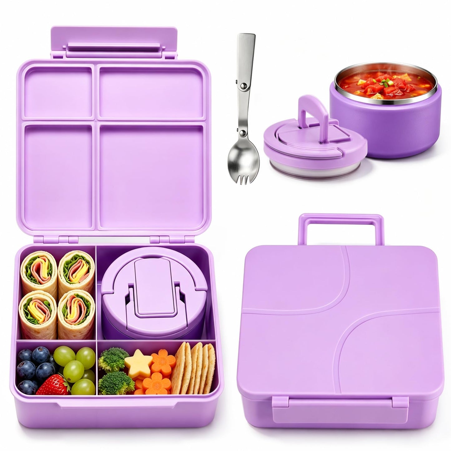 Bento Lunch Box for Kids with 8oz Soup Thermo,Kids Leakproof Lunch Food Containers with 4 Compartment,Kid Insulated Thermo Hot Food Jar for School,Trvael-Green