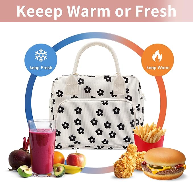 Lunch Bag Women Lunch Box for Women Adult Cute Insulated Lunch Bag Lager Cooler Lunch Tote Bags for Work Picnic (Beige-Flower)