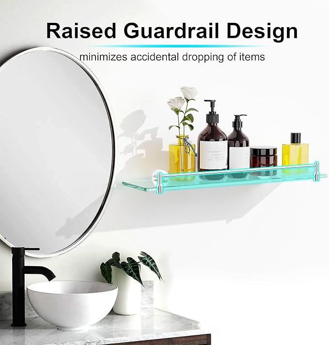 20 Inches Glass Shelves for Bathroom, Chrome Polished Floating Glass Shelf Stainless Steel Tempered Glass Bathroom Shelves for Wall Mount Modern
