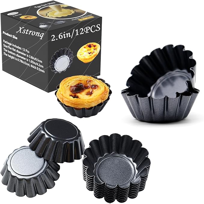 Xstronq 12PCS 3" Egg Tart Molds, Mini Carbon Steel Non-Stick Baking Pans