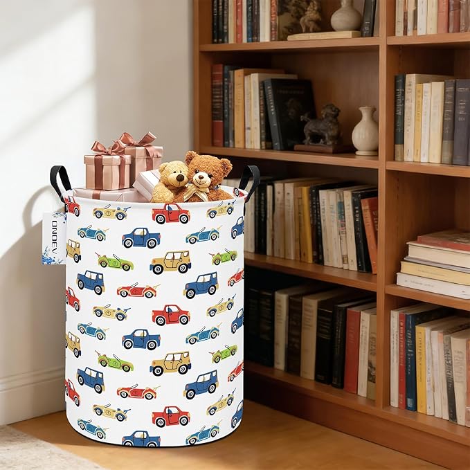 Round Foldable Kids' Racing Cars Laundry Hamper Boys Gift Basket Vehicles Transportation Suitable For Home Decoration and Toy Storage(Car)