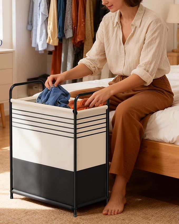 Kitsure Laundry Hamper with Lid - Spacious Double-Section Laundry Basket with Lid & Removable Inner Bags, Portable Clothes Hamper for Bedroom, Bathroom, Dorm, 120L, Black