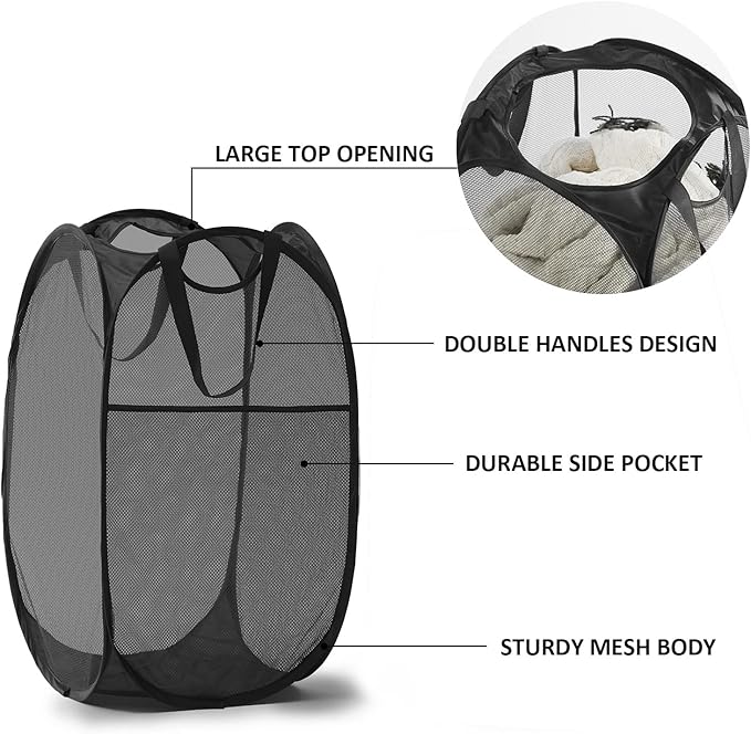 TECHMILLY Collapsible Mesh Pop Up Laundry Hamper with Sturdy Handles and Side Pocket - Portable Foldable Clothes Baskets for Dorm, Bathroom & Travel Storage (Black, 3 Packs)