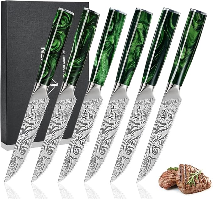 SENKEN Engraved Japanese Kitchen Knife Set with Beautiful Green Resin Wood Handles - Wasabi Collection - Chef's Knife, Bread, Cleaver, Paring, & More (16-Piece Knife Block Set)