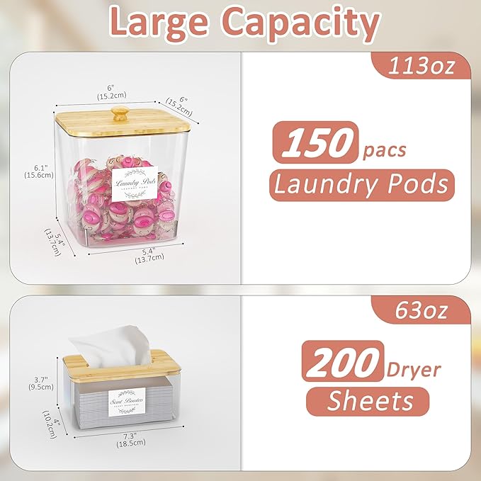 Laundry Room Organization and Storage, Laundry Pods Container and Dryer Sheet Holder with Bamboo Lids and Labels, Laundry Organizer with Scoops for Booster Beads, Powder, Pods, 3+1 Pack