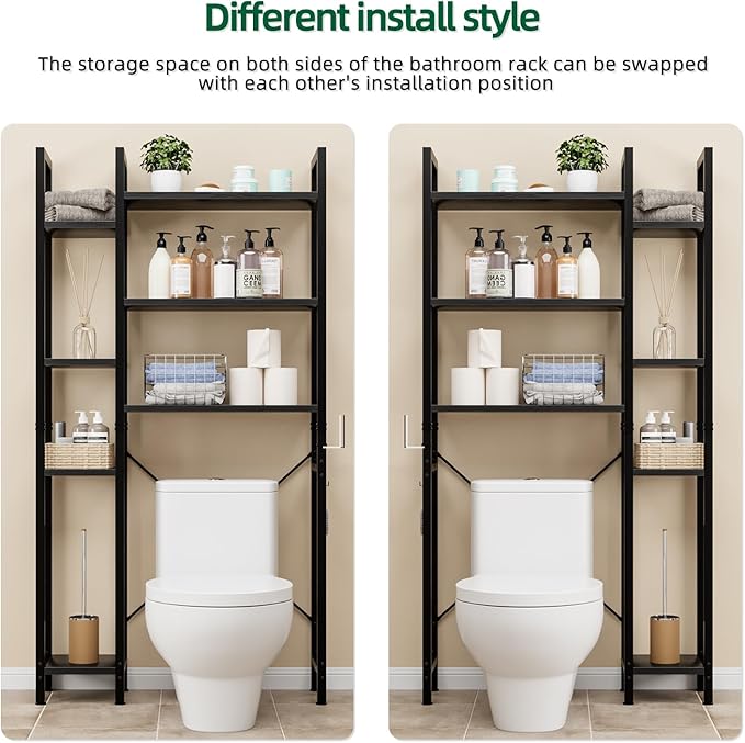 OTK Over The Toilet Storage with 7-Tier Bathroom Organizer Shelf, Freestanding Space Saver with Adjustable Feet & Hooks, Storage Rack for Bathroom, Restroom, Laundry, Black