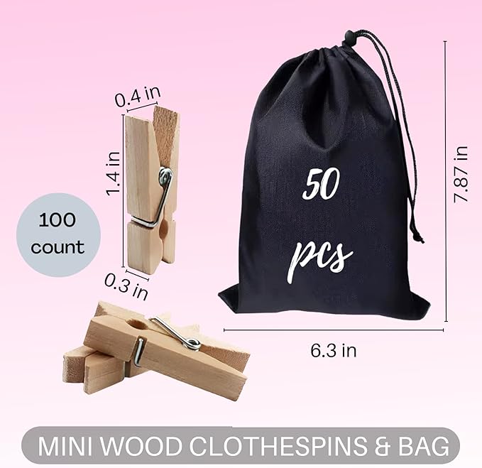 Small Clothes Pin, Mini Clothespins, 100 PCS Mini Clothes Pins Wooden with Storage Bag, Small Clothes Pins for Photos, Crafts, Hanging Clothes, Baby Shower, Display Artwork
