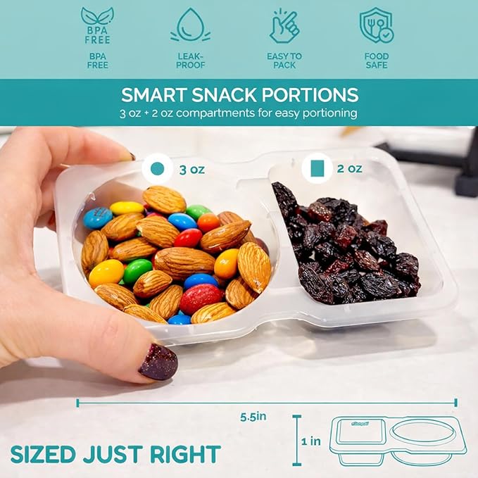 Reusable Snack Containers with Lids 20Pcs, Portion control containers, Snack Pack Containers,2 Double Compartment Snack Containers for Kids On the Go Meals, Camping Condiment Snack Tray Prep