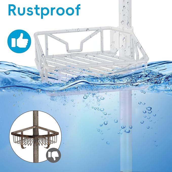 Skycarper 5 Tier Adjustable Corner Shower Caddy Organizer with Hooks,Rustproof Tension Pole 62-116 Inch,White