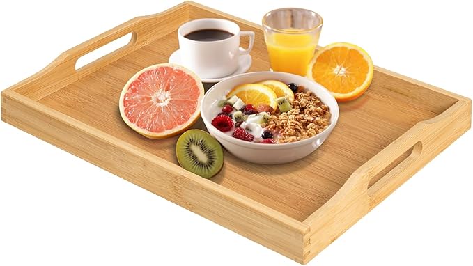 RRX Bamboo Food Serving Tray with Handles,Breakfast Bed Tray (White)