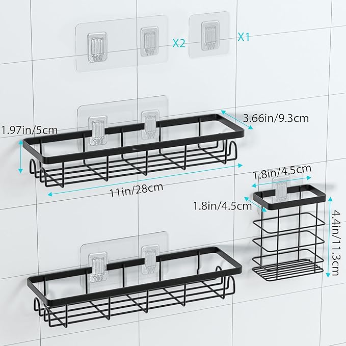 Shower Caddy Organizer with Hooks,Self Adhesive Bathroom Shelves,Shower Shelves,No Drilling Bathroom Organizers and Storage,Perfect for RV, Apartment, Home Decor,3 Pack Black