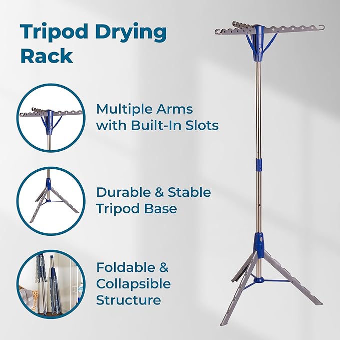Honey-Can-Do Steel Tripod 64-Inch Folding Clothes Drying Rack – Space-Saving Collapsable Clothes Rack, Durable Clothes Dryer Stand for Laundry Room, 3 Rotatable Arms for 30 Hangers