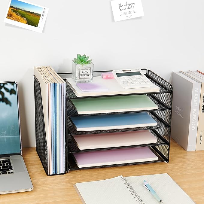 OPNICE Desk Organizer, 5-Tier Paper Organizer Letter Tray with Magazine Holder, Office Desk Accessories & Workspace Organizers, Desktop File Organizer for Office Supplies Storage, Black