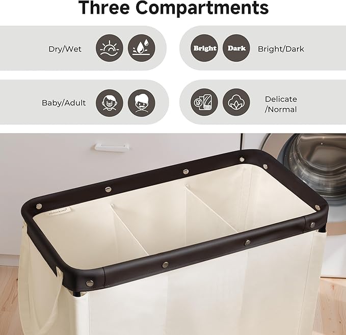 StorageWorks 3 Section Laundry Hamper, Rolling Laundry Cart with Wheels and Handles, Laundry Room Double Sorter for Organizer and Storage, 31.7 Gal(120L), Beige