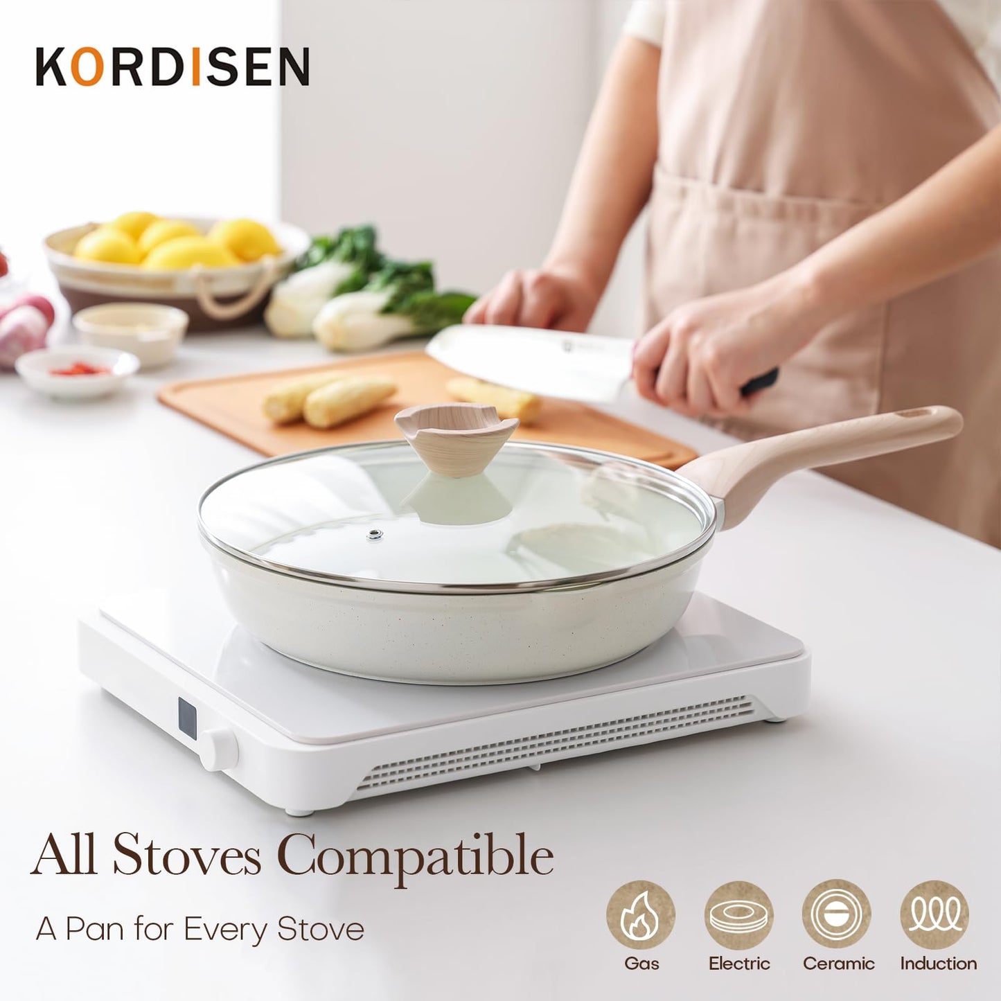 Kordisen Ceramic Non Stick Frying Pan Skillet with Lid, 12.5 Inch Large Pan