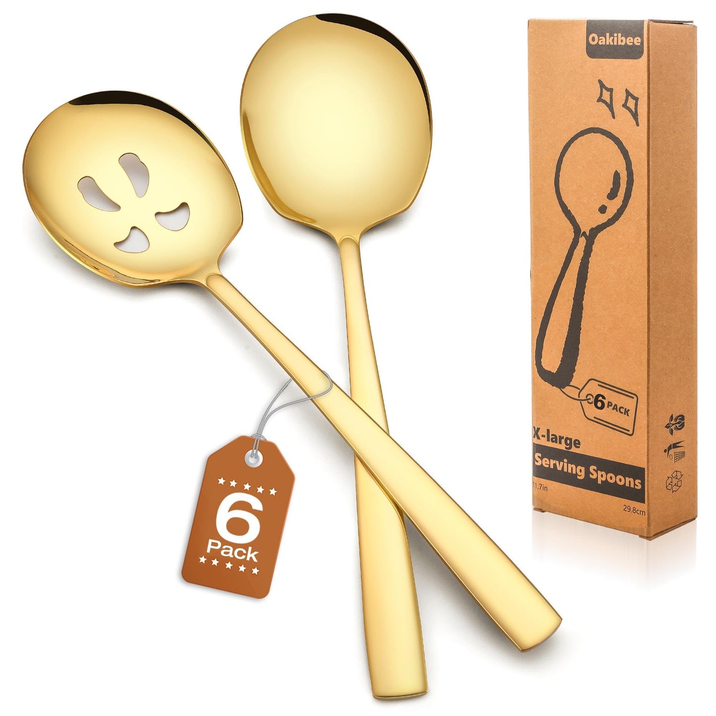 Extra Large Serving Spoons Set of 6-Piece, 11.7-Inch Gold Serving Slotted Spoon x 3 Serving Spoon x 3, Stainless Steel Serving Utensil for Buffet, Parties, Catering - Dishwasher Safe(6-Pack, Gold)
