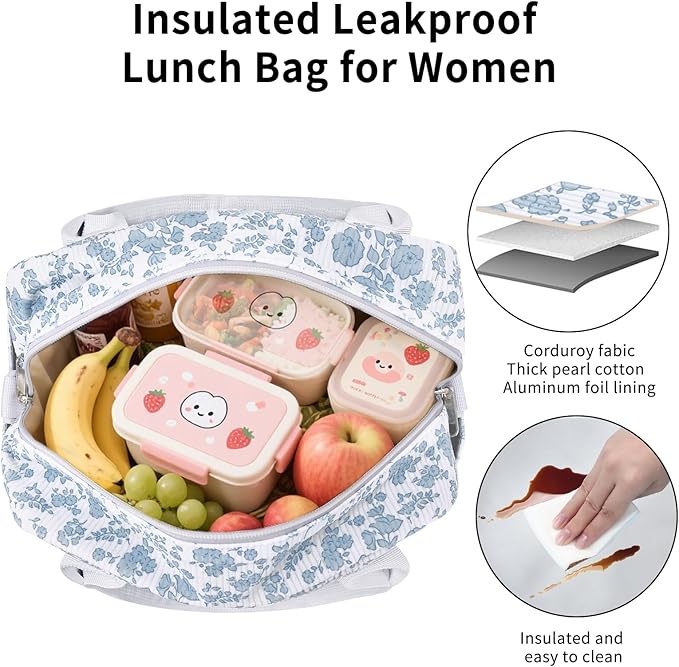 Lunch Bag Women Lunch Box for Women Adult Cute Insulated Lunch Bag Lager Cooler Lunch Tote Bags for Work Picnic (Blue-Floral)