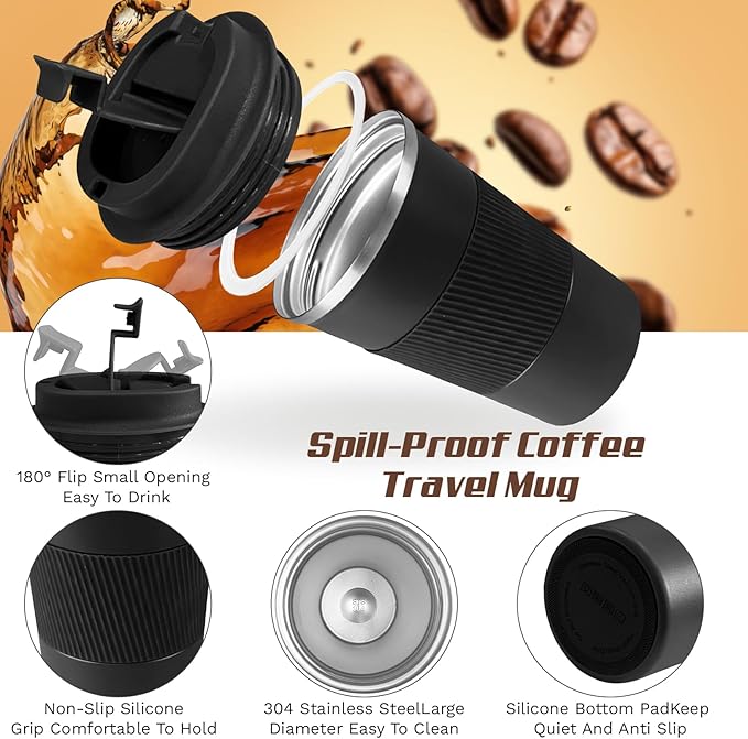 Vacuum-Insulated Stainless Steel Travel Coffee Mug, Leak-Proof Reusable Coffee Cup with Lid - Keep Hot & Cold Drinks for Hours, Durable Insulated Tumbler for Men & Women(3rd-Black, 17OZ)
